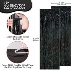 2 Pack Tinsel Foil Fringe Curtains, Black Party Decorations, Laser Black
