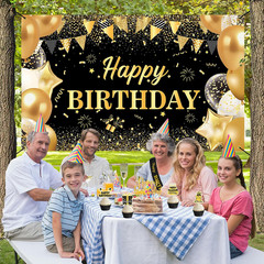 Black Gold Birthday Decorations Set | Happy Birthday Banner & Sash, Balloons Pom