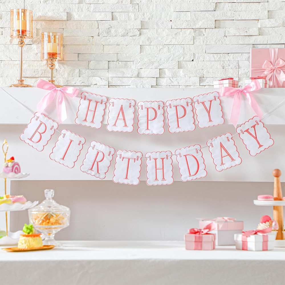 Pink and White Bow Happy Birthday Banner Garland Pink Bow Birthday Party Decorat
