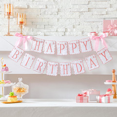 Pink and White Bow Happy Birthday Banner Garland Pink Bow Birthday Party Decorat