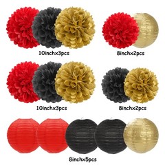 15 PCS Red Black Gold Casino Theme Tissue Paper Pom Poms Lanterns Decorations