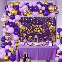Purple & Gold Birthday Decorations for Women – Happy Birthday Backdrop & Balloon