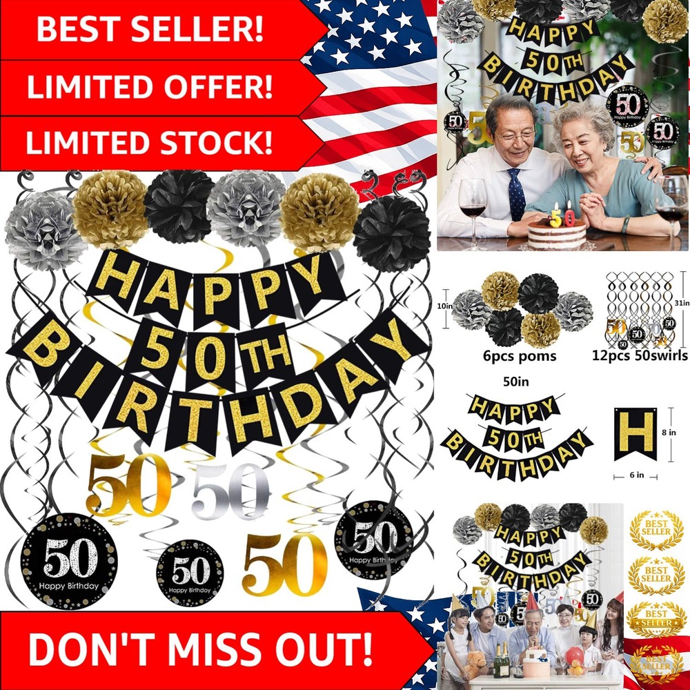 Classy 50th Birthday Celebrations: Black & Gold Banner & Hanging Swirls Ensemble