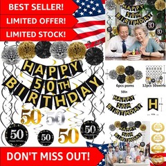 Classy 50th Birthday Celebrations: Black & Gold Banner & Hanging Swirls Ensemble