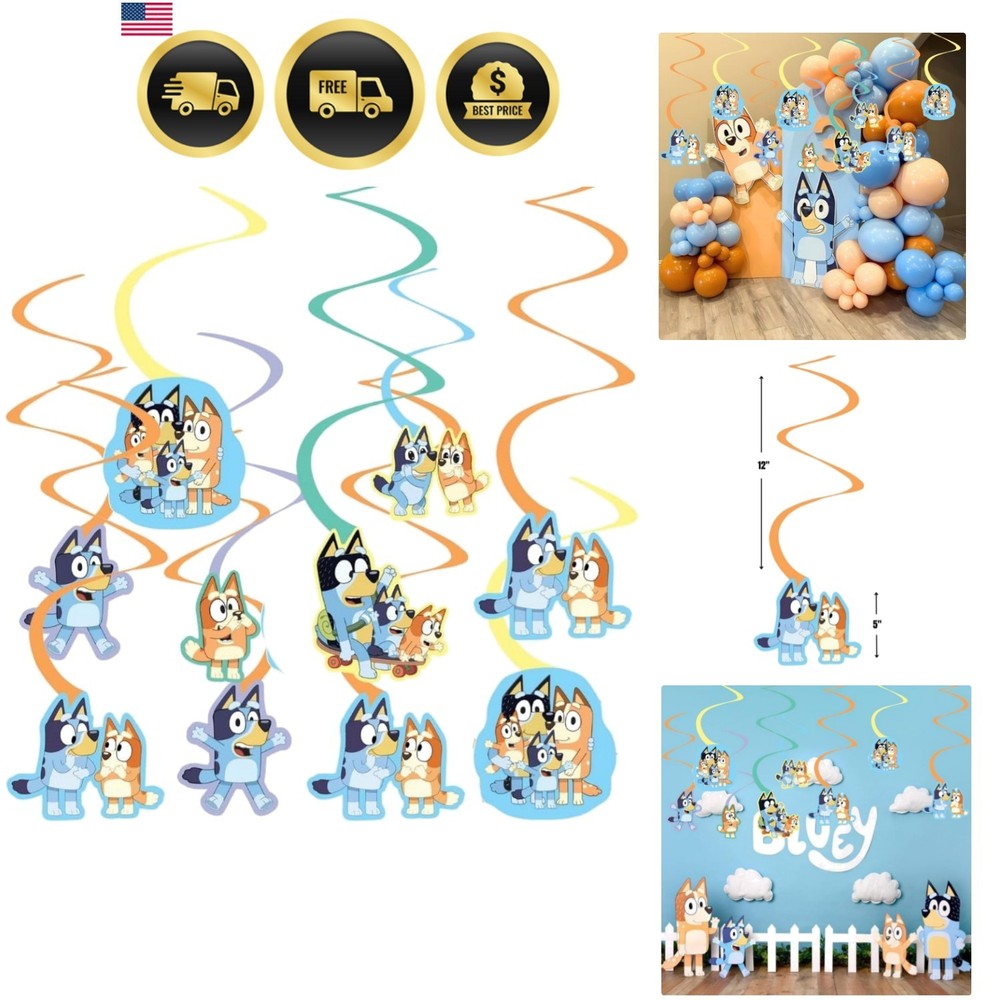 Stunning Bluey Spiral Decorations Pack of 12 – Multicolor Cardstock Hanging D…