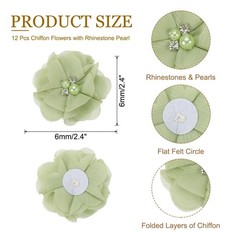 12Pcs 2″ Chiffon Flowers with Rhinestone Pearl Sewing Fabric Flowers, Green