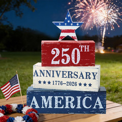 4 Pcs 250 Years American Anniversary Wooden Tabletop Decorations Red White Blue