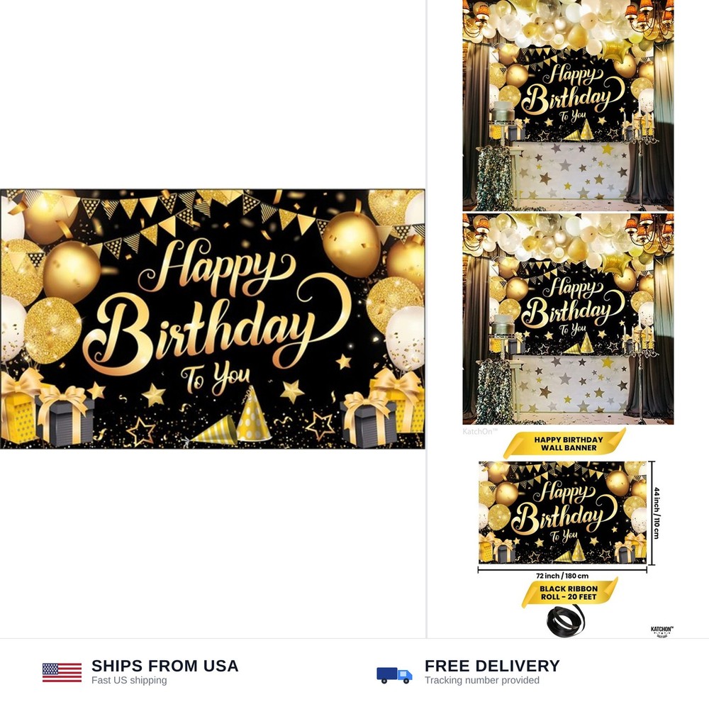 KatchOn, Black and Gold Happy Birthday Banner – XtraLarge 72×44 Inch | Birthd…