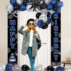 Blue & Black Birthday Party Decorations – Balloons, Banner, Tablecover, Fringe C