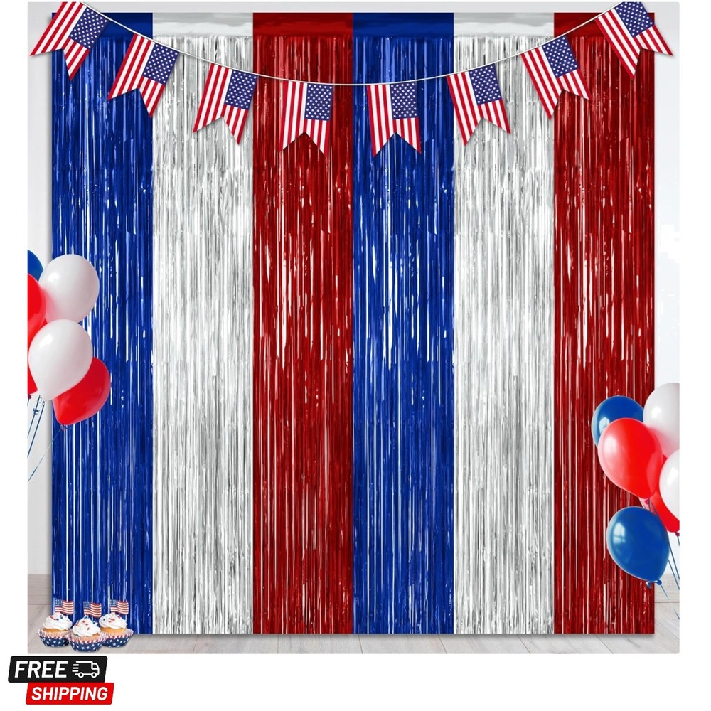 2 Pack Blue Silver Red Foil Curtain Streamer Decorations | Blue Silver Red, M…