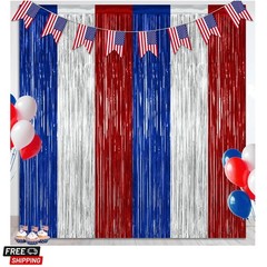 2 Pack Blue Silver Red Foil Curtain Streamer Decorations | Blue Silver Red, M…