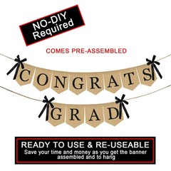 Burlap Congrats Grad Graduation Banner – No DIY 2 Count (Pack of 1), Red