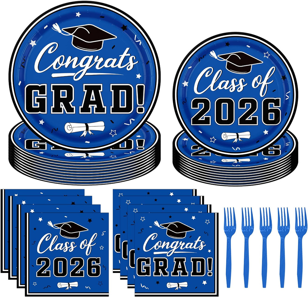 200pcs Graduation Party Plates Napkins Forks Set Blue Class of 2026 Supplies