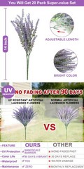 20 Bundles Artificial Lavender Flowers for Outdoors, UV Resistant Fake Plants…