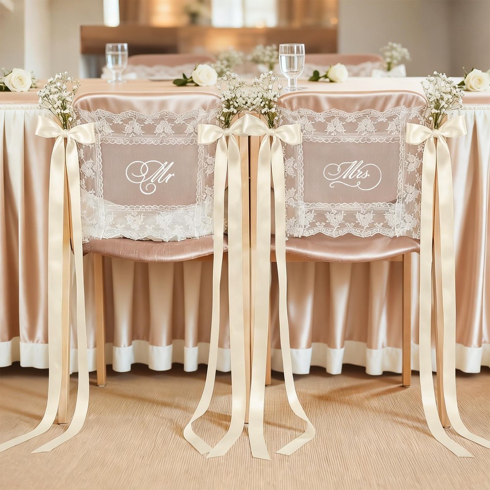 2 Pcs Lace Mr & Mrs Wedding Chair Signs with Satin Ribbon, Sweetheart Table C…