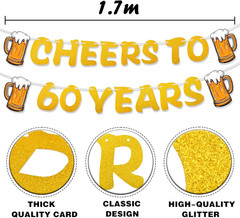 Cheers to 60 Years Banner with Beer Mugs –Gold Glitter Pre-Strung 60Th Birthday