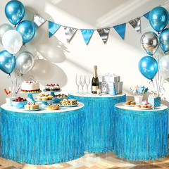 2 Pack Light Blue Iridescent Fringe Table Skirt 30X118″, Holographic Metallic