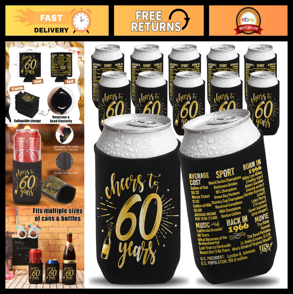 60th Birthday Party Decorations, 12PCS Supplies & Vintage Can Cooler Sleeves