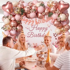 Rose Gold Birthday Decorations Set – 15 Balloons, Tablecloth, Backdrop, Banner