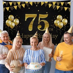 Happy 75th Birthday Banner, Black Gold 75th Birthday Party Decorations for Me…