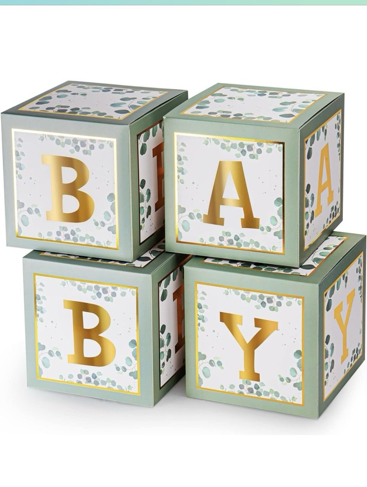 🤗Sage Green Baby Shower Decorations, 4Pcs Baby Boxes with Gold Letters P