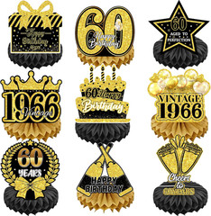 9 Pcs 60Th Birthday Decorations Centerpieces Set, Black Gold Cheers to 60 Years
