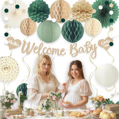 Sage Green Baby Shower Decorations Boy, Pre-Strung Welcome Baby Sign with Honeyc