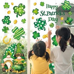 6 Sheet St. Patrick’s Day Window Clings Green Shamrock Gnome Gold Coins Reusab
