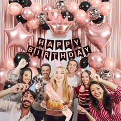 Rose Gold Birthday Decorations – Black & Rose Gold Balloons, Happy Birthday B…