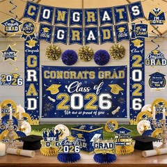 Navy Blue & Gold Graduation Decorations 2026 Set – Congrats Grad Banner, Balloon