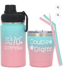 Girls 10th Birthday Water Bottles Gift Set Double Digits Pink Blue Hot and Cold