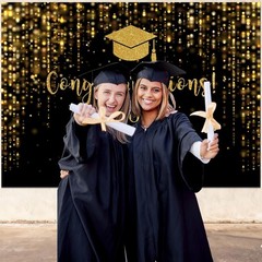 Elegant 2026 Graduation Backdrop – Black Gold Glitter Bokeh, 7x5ft Perfect fo…
