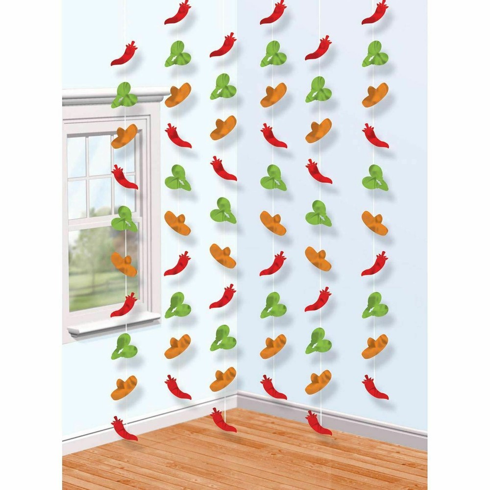 6 MEXICAN FIESTA STRINGS PARTY HANGING DECORATIONS SOMBREROS MARACAS CHILIES