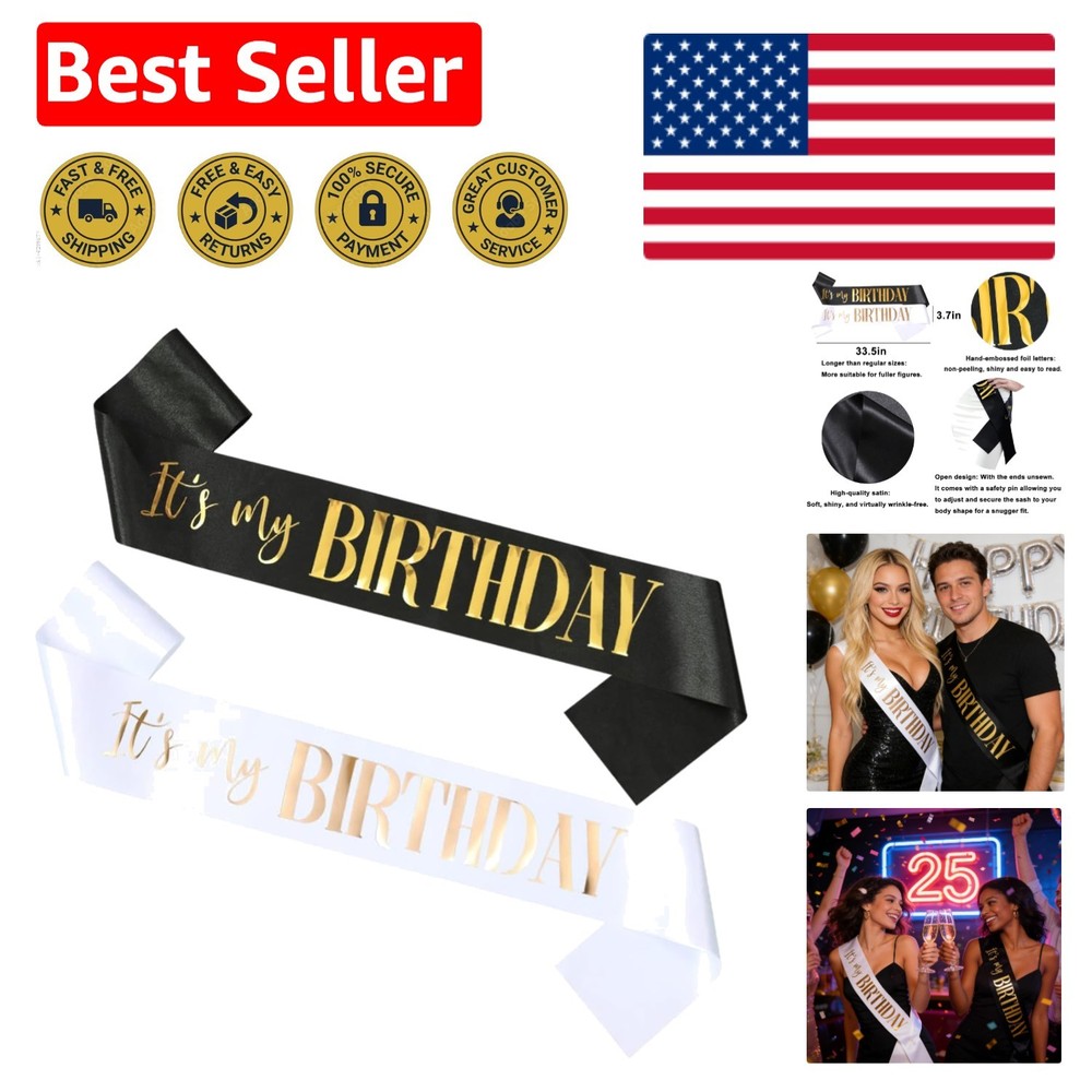 Luxurious 2-Pack Birthday Sashes: Black & White with Gold/Rose Gold Lettering