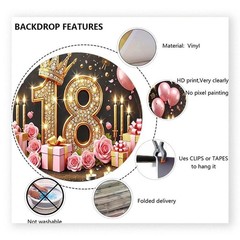 18th Birthday Backdrop Banner – Black & Pink Balloons, Golden Crown Theme, 8x6ft