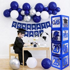 Elegant Navy Blue Graduation Decorations 2026 with Balloon Arch & GRAD Box