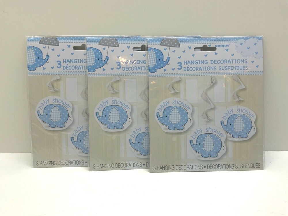 3 – Unique Blue Elephant Baby Shower Dangling Cutouts 3 Count