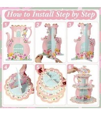 Floral Tea Birthday Party 3-Tier Cupcake Stand & (32pcs) 7in Paper Plates NEW