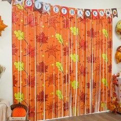 2 Pack Orange Maple Leaf Foil Fringe Curtains, 3.3×6.6 ft Fall Photo Backdrop