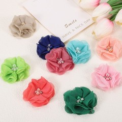 30Pcs 2″ Chiffon Flowers with Rhinestone Pearl Sewing Fabric Flowers Beige,