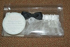 Victoria Lynn White Satin & Sheer Lace Garter Black Bow Rhinestone Fast Shipping