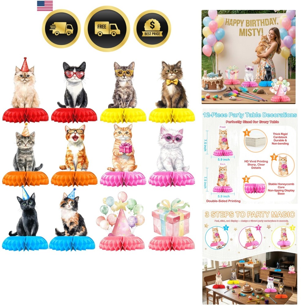 Cat Birthday Party Decorations Honeycomb Centerpieces 12 Pcs, Kitten Table To…