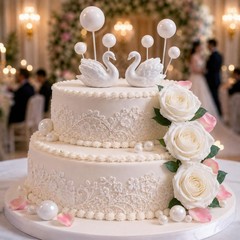 18 Pcs Swan Cake Topper Wedding Sets, 2 Swan Figurine with 10 Silver Sphere C…