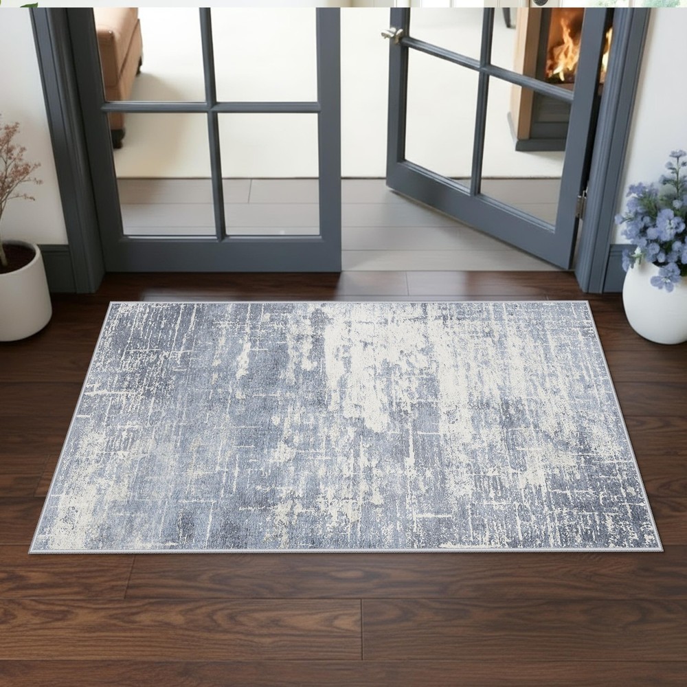 Washable 2×4 Kitchen Area Rugs: Abstract Stain-Resistant Sink 2×4, Blue/Ivory