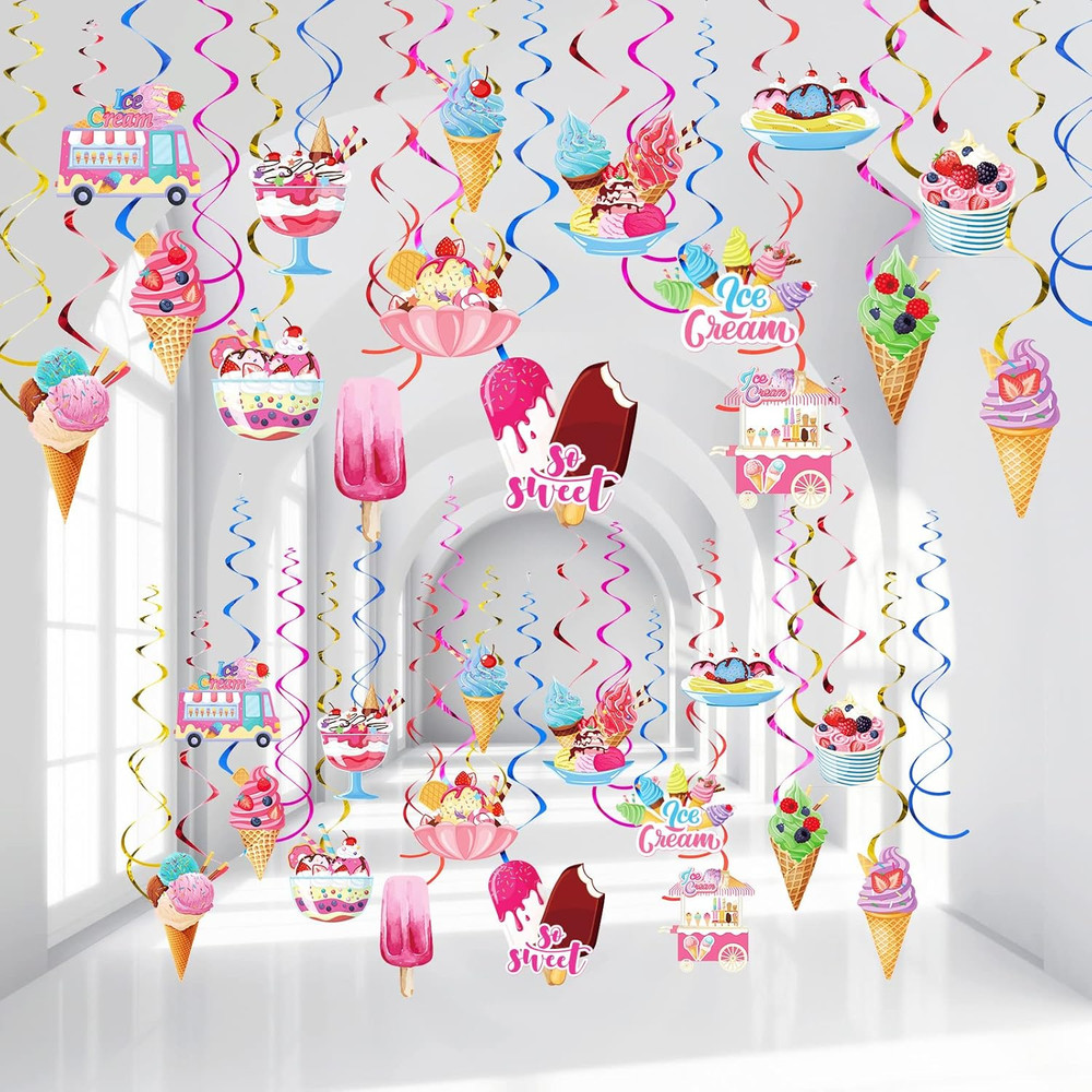 Faccito 68 Pcs Ice Cream Party Decorations Ice Cream Hanging Swirls Colorful Des