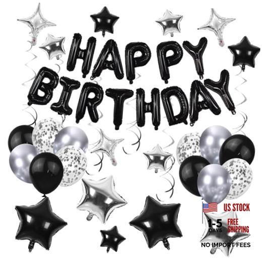 56 PCS Happy Birthday Balloons Happy Birthday Banner Silver and Black Balloons