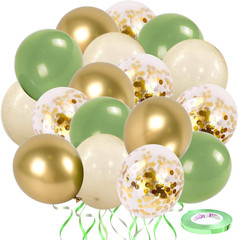 Sage Green Gold Confetti Balloons – 50 Pcs Olive Green Blush Gold Metallic Latex