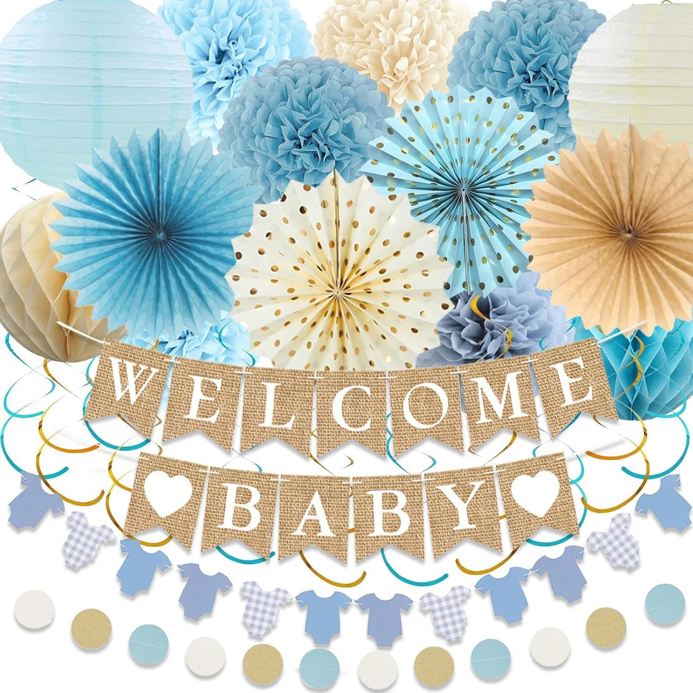 Baby Shower Decorations Kit, Welcome Baby Banner with Dusty Blue Paper Lanterns,