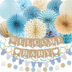 Baby Shower Decorations Kit, Welcome Baby Banner with Dusty Blue Paper Lanterns,