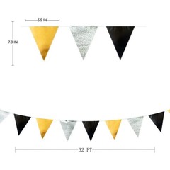 Black Gold Silver Party Decoration Triangle Pennant Banner Flag Metallic Fabr…